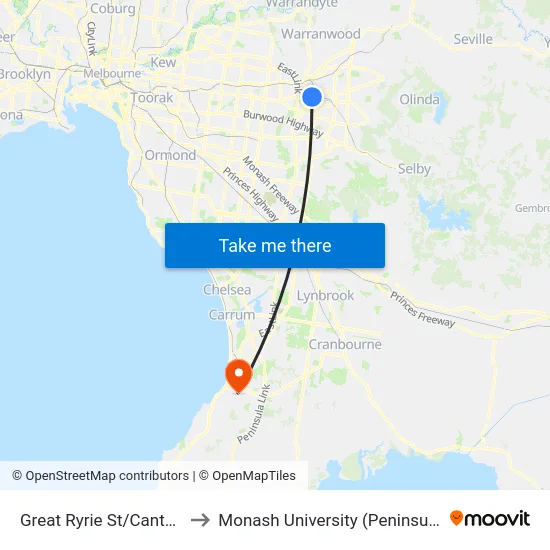 Great Ryrie St/Canterbury Rd to Monash University (Peninsula Campus) map