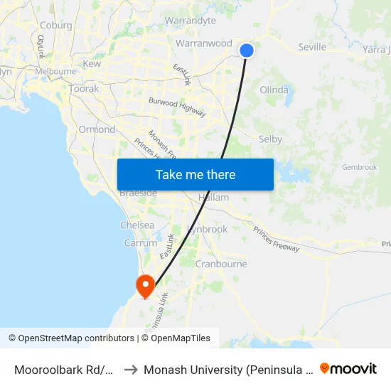 Mooroolbark Rd/Hull Rd to Monash University (Peninsula Campus) map