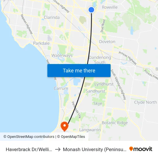 Haverbrack Dr/Wellington Rd to Monash University (Peninsula Campus) map