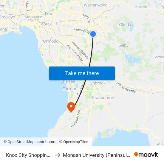 Knox City Shopping Centre to Monash University (Peninsula Campus) map