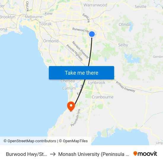 Burwood Hwy/Stud Rd to Monash University (Peninsula Campus) map