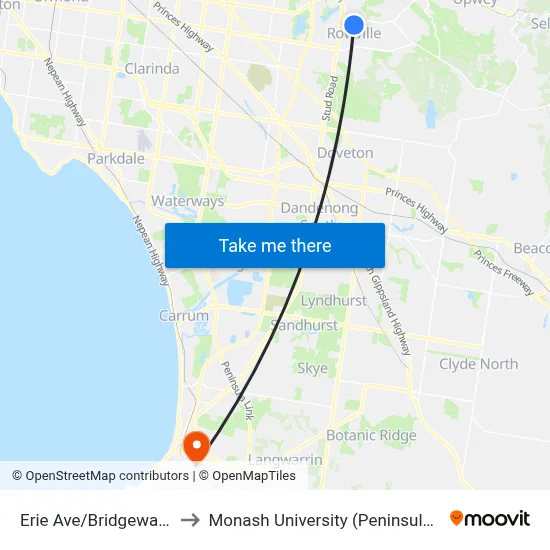 Erie Ave/Bridgewater Way to Monash University (Peninsula Campus) map