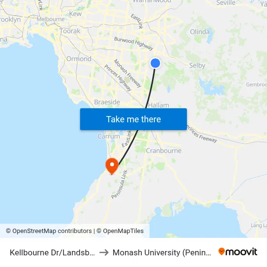 Kellbourne Dr/Landsborough Ave to Monash University (Peninsula Campus) map