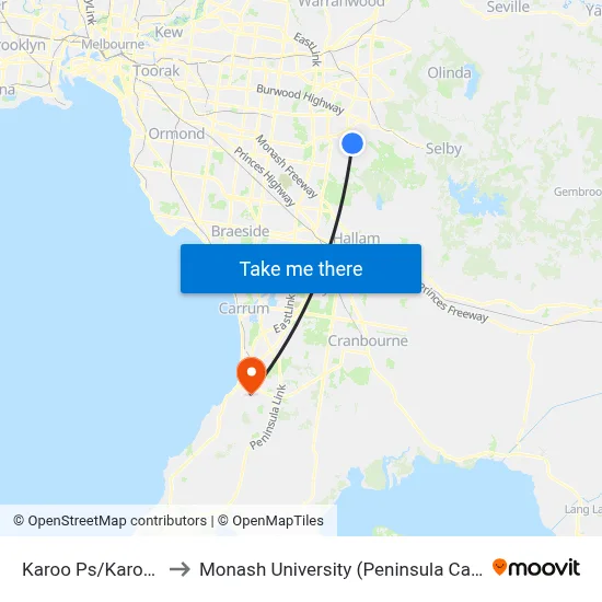 Karoo Ps/Karoo Rd to Monash University (Peninsula Campus) map