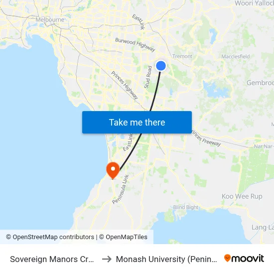 Sovereign Manors Cres/Karoo Rd to Monash University (Peninsula Campus) map