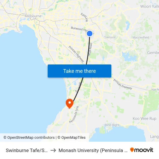 Swinburne Tafe/Stud Rd to Monash University (Peninsula Campus) map