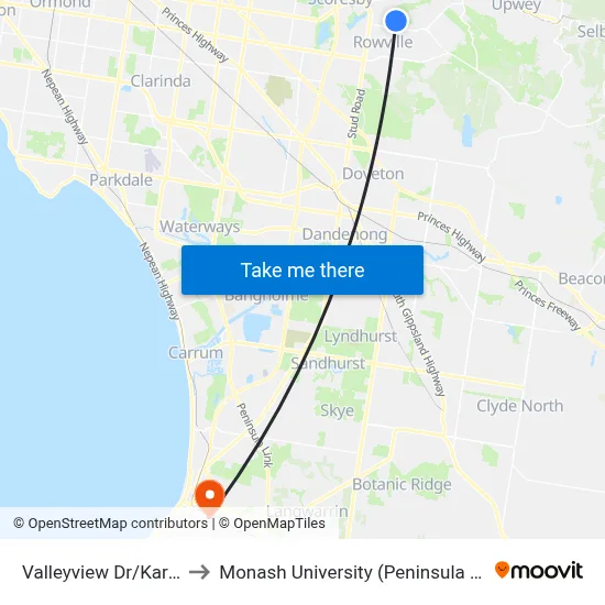 Valleyview Dr/Karoo Rd to Monash University (Peninsula Campus) map