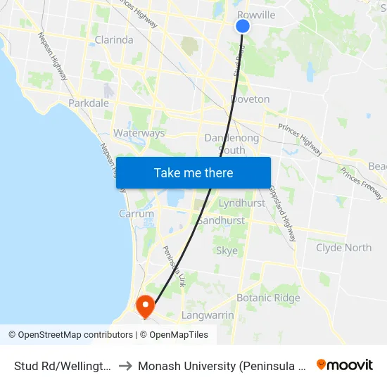 Stud Rd/Wellington Rd to Monash University (Peninsula Campus) map