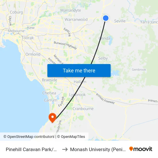 Pinehill Caravan Park/Warburton Hwy to Monash University (Peninsula Campus) map