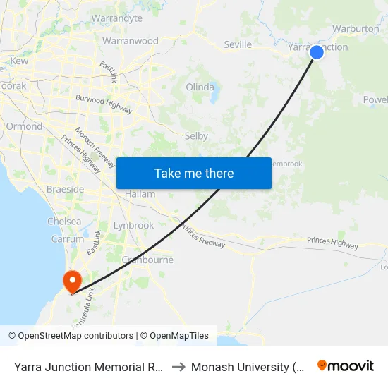 Yarra Junction Memorial Reserve/Warburton Hwy to Monash University (Peninsula Campus) map