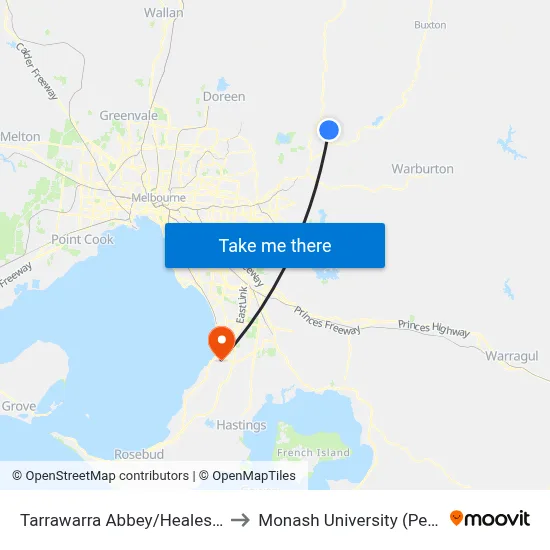 Tarrawarra Abbey/Healesville-Yarra Glen Rd to Monash University (Peninsula Campus) map