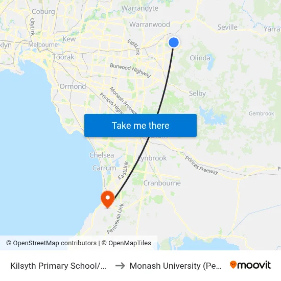 Kilsyth Primary School/Mt Dandenong Rd to Monash University (Peninsula Campus) map