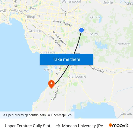 Upper Ferntree Gully Station/Burwood Hwy to Monash University (Peninsula Campus) map