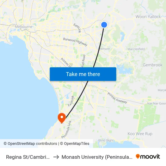 Regina St/Cambridge Rd to Monash University (Peninsula Campus) map