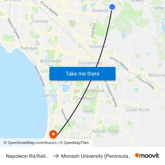 Napoleon Rd/Kelletts Rd to Monash University (Peninsula Campus) map