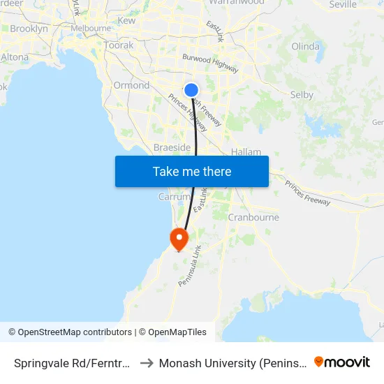 Springvale Rd/Ferntree Gully Rd to Monash University (Peninsula Campus) map