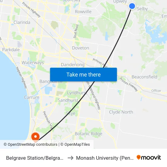 Belgrave Station/Belgrave-Gembrook Rd to Monash University (Peninsula Campus) map