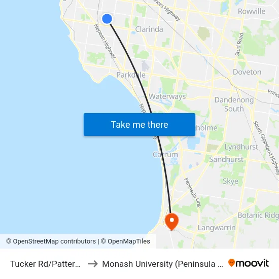 Tucker Rd/Patterson Rd to Monash University (Peninsula Campus) map