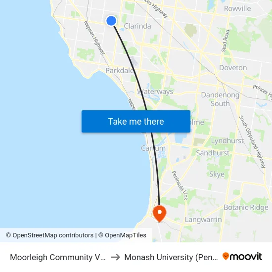 Moorleigh Community Village/Bignell Rd to Monash University (Peninsula Campus) map