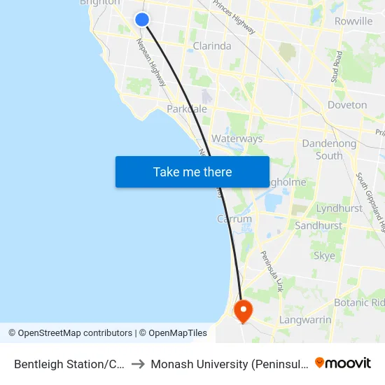 Bentleigh Station/Centre Rd to Monash University (Peninsula Campus) map