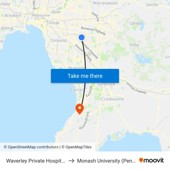 Waverley Private Hospital/Blackburn Rd to Monash University (Peninsula Campus) map