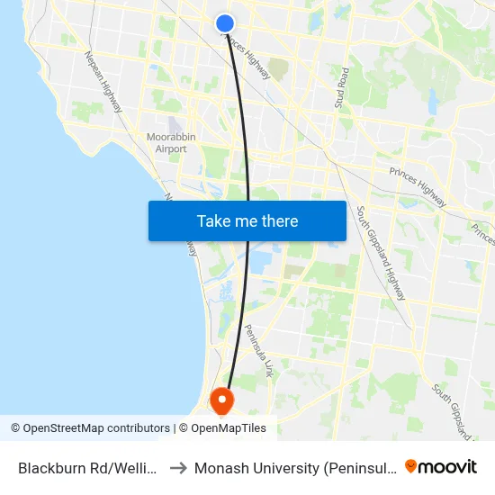 Blackburn Rd/Wellington Rd to Monash University (Peninsula Campus) map