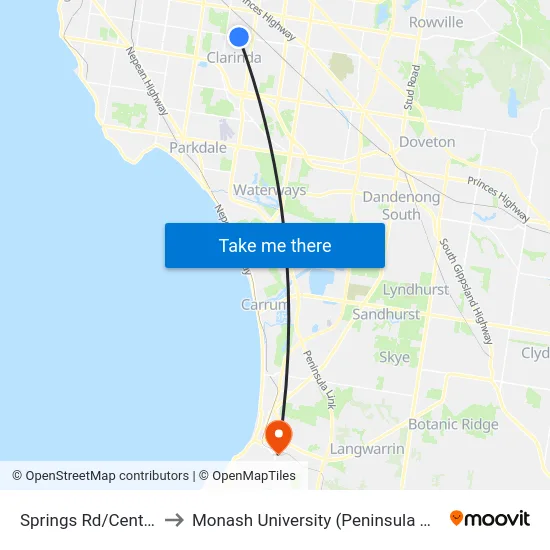 Springs Rd/Centre Rd to Monash University (Peninsula Campus) map
