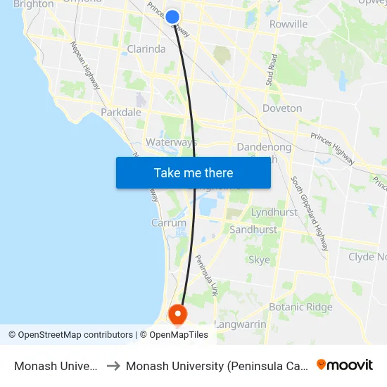 Monash University to Monash University (Peninsula Campus) map
