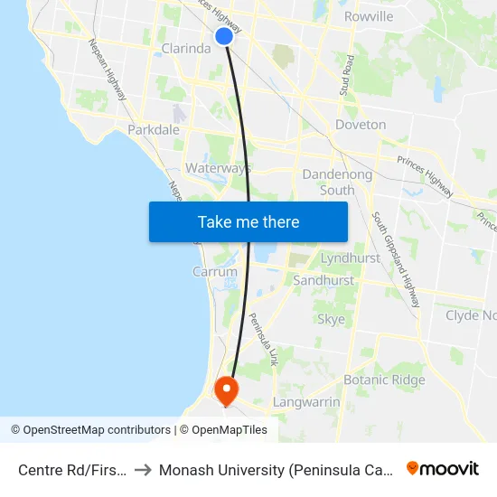 Centre Rd/First St to Monash University (Peninsula Campus) map