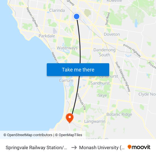 Springvale Railway Station/Lightwood Rd (Springvale) to Monash University (Peninsula Campus) map