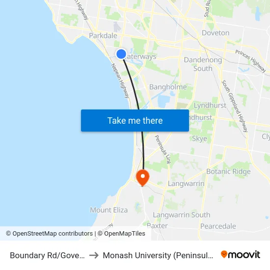 Boundary Rd/Governor Rd to Monash University (Peninsula Campus) map