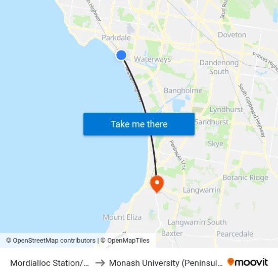 Mordialloc Station/Albert St to Monash University (Peninsula Campus) map