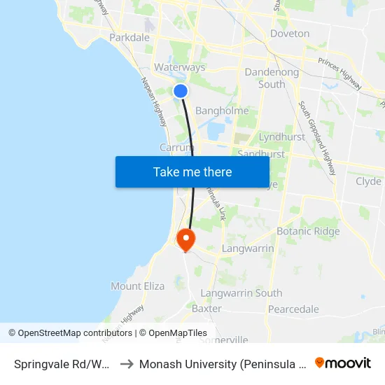 Springvale Rd/Wells Rd to Monash University (Peninsula Campus) map