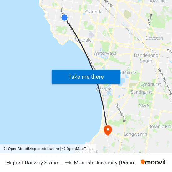 Highett Railway Station/Highett Rd to Monash University (Peninsula Campus) map