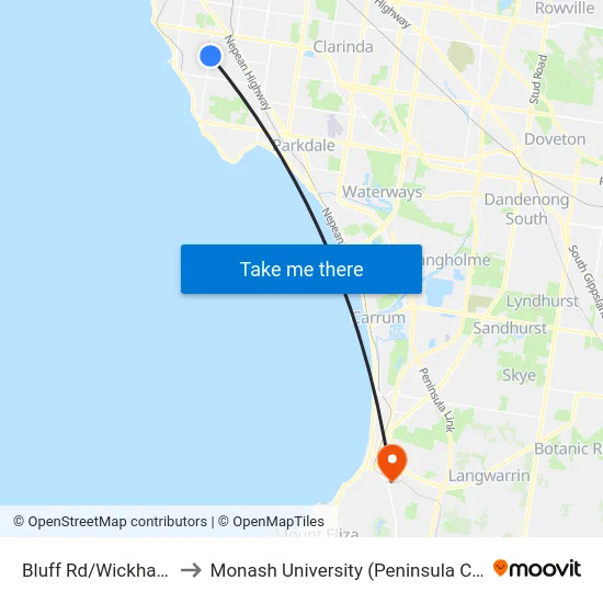 Bluff Rd/Wickham Rd to Monash University (Peninsula Campus) map