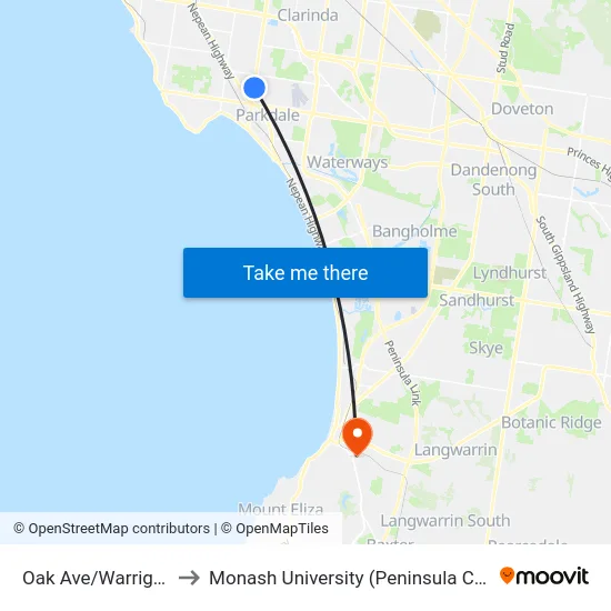Oak Ave/Warrigal Rd to Monash University (Peninsula Campus) map