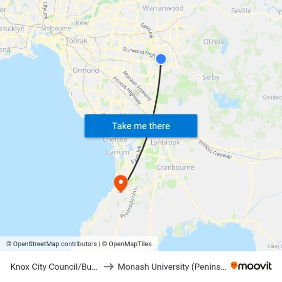 Knox City Council/Burwood Hwy to Monash University (Peninsula Campus) map