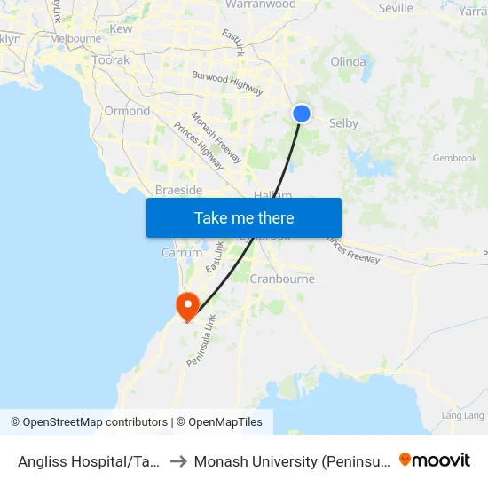 Angliss Hospital/Talaskia Rd to Monash University (Peninsula Campus) map