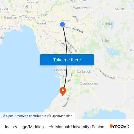 Inala Village/Middleborough Rd to Monash University (Peninsula Campus) map