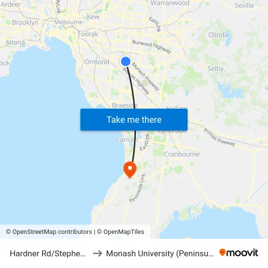 Hardner Rd/Stephensons Rd to Monash University (Peninsula Campus) map