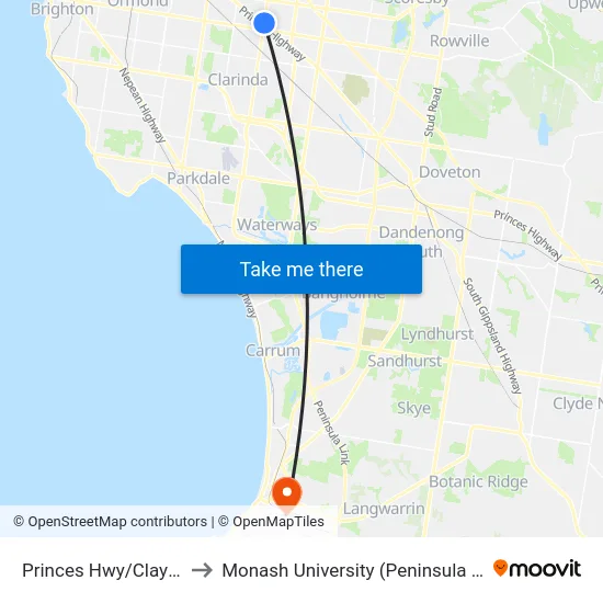 Princes Hwy/Clayton Rd to Monash University (Peninsula Campus) map