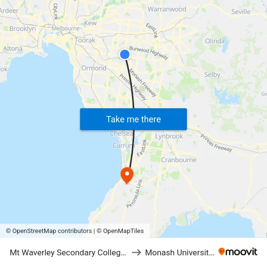 Mt Waverley Sec Col/Stephensons Rd to Monash University (Peninsula Campus) map