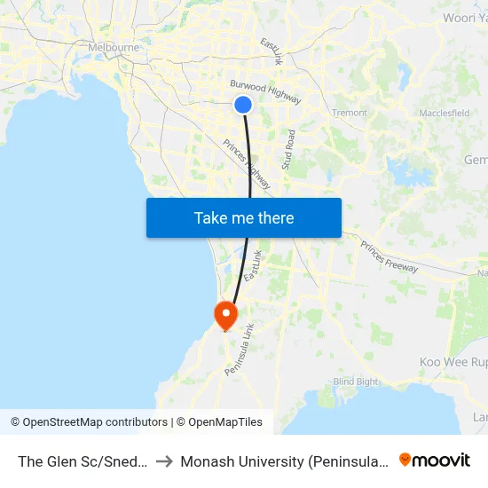 The Glen Sc/Snedden Dr to Monash University (Peninsula Campus) map