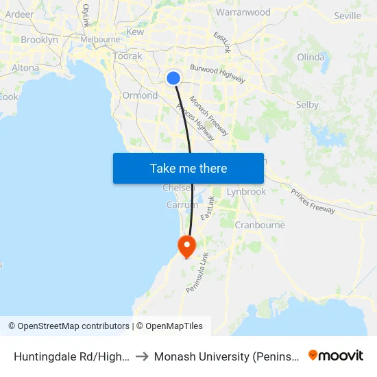 Huntingdale Rd/High Street Rd to Monash University (Peninsula Campus) map