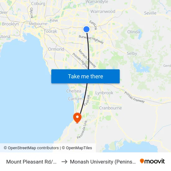 Mount Pleasant Rd/Heather Gr to Monash University (Peninsula Campus) map