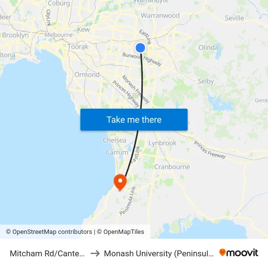 Mitcham Rd/Canterbury Rd to Monash University (Peninsula Campus) map