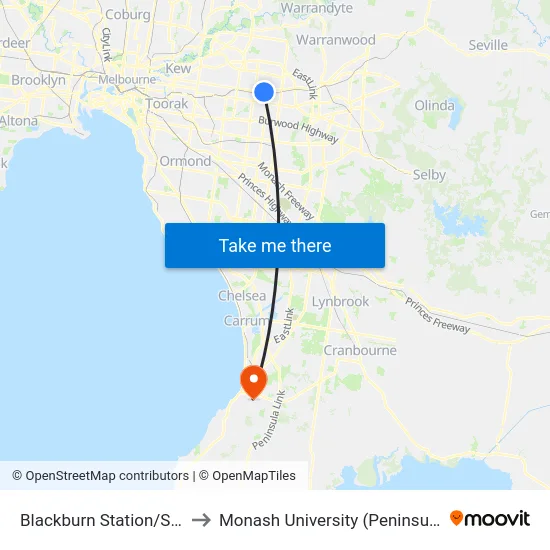 Blackburn Station/South Pde to Monash University (Peninsula Campus) map