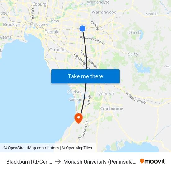 Blackburn Rd/Central Rd to Monash University (Peninsula Campus) map