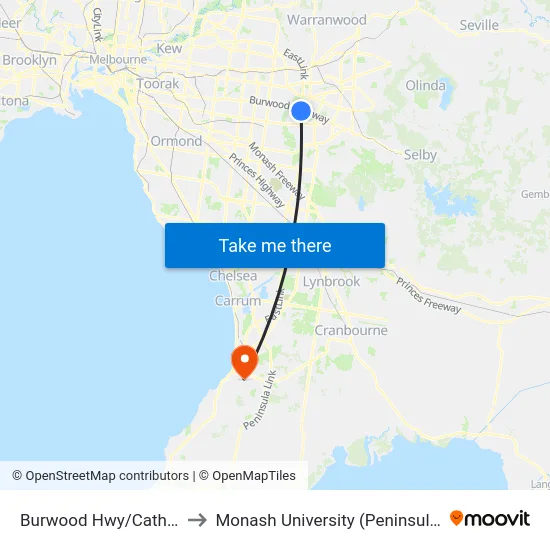 Burwood Hwy/Cathies Lane to Monash University (Peninsula Campus) map