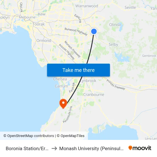 Boronia Station/Erica Ave to Monash University (Peninsula Campus) map